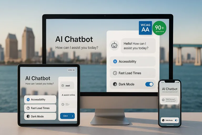 Modern website interface showcasing performance metrics, accessibility features, and sustainable web design with San Diego skyline in background