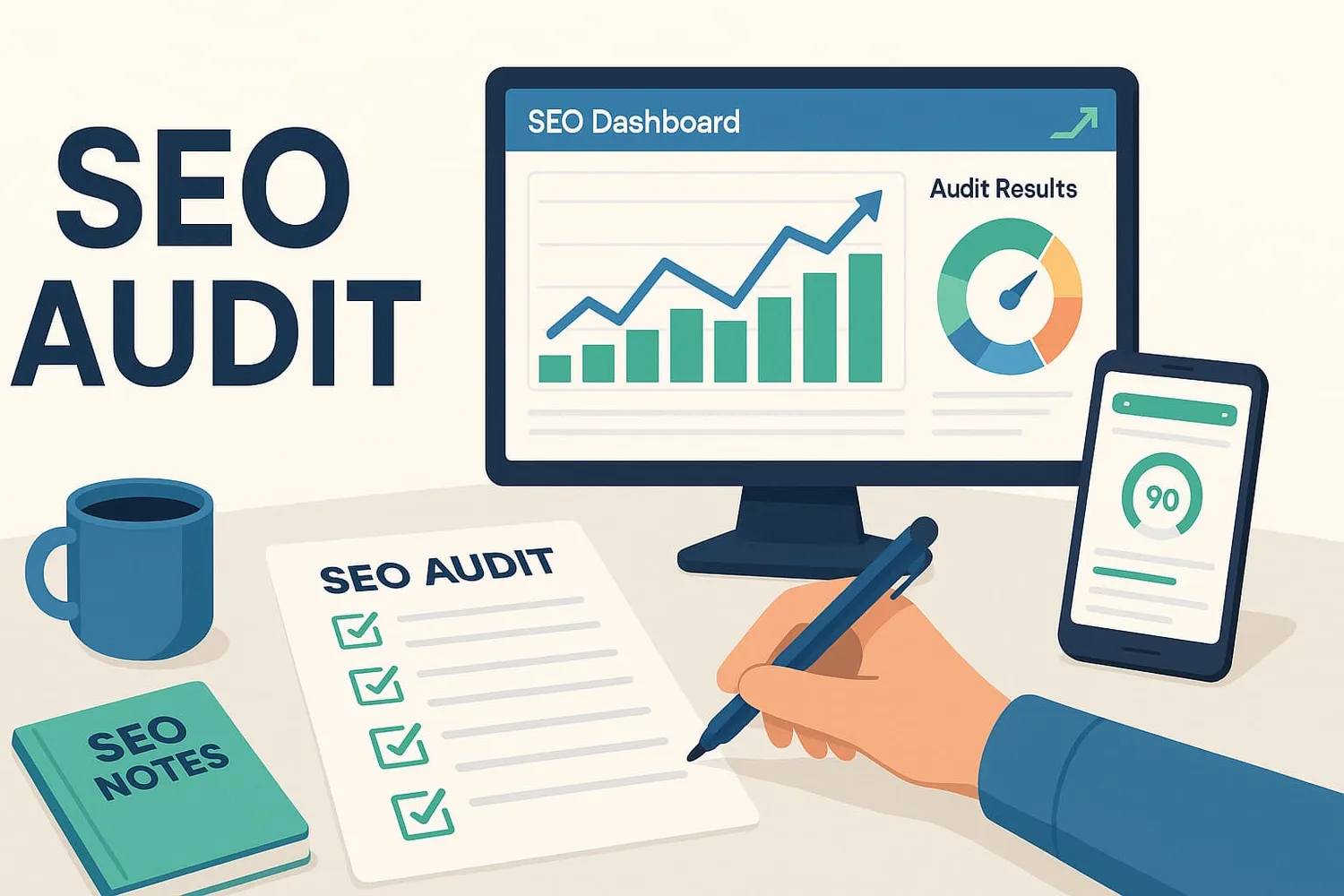 SEO expert analyzing website performance metrics and audit results on multiple screens with charts and graphs