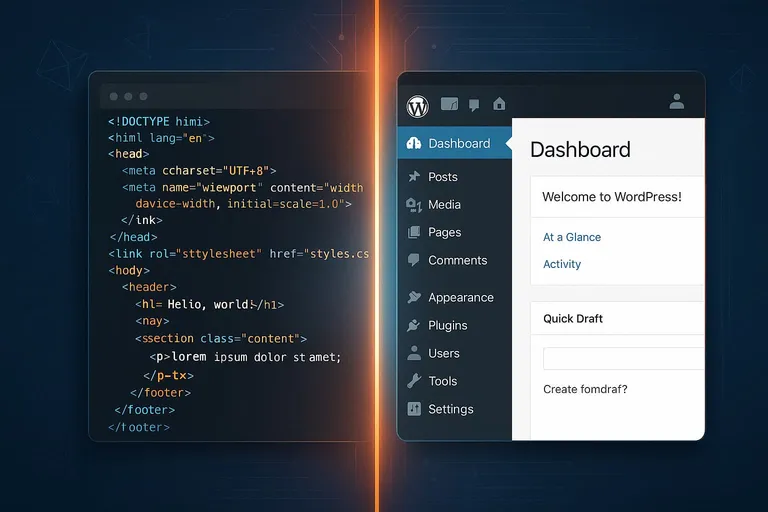 Split screen comparison showing static website code and WordPress dashboard interface