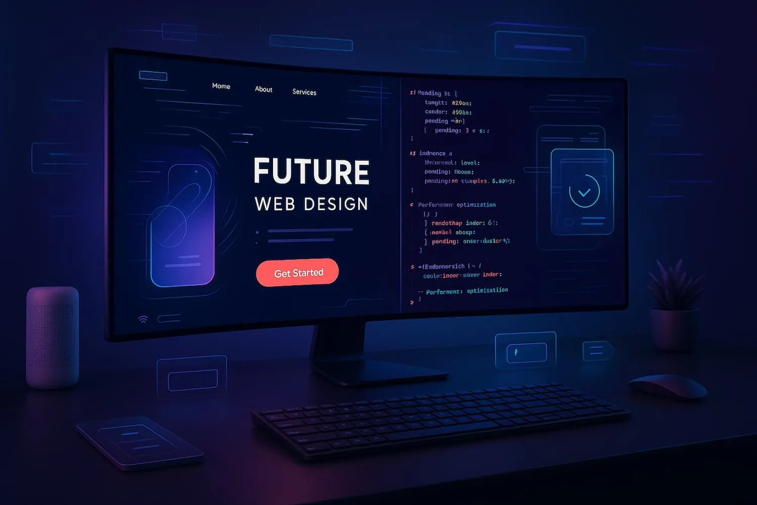 Modern website interface elements showing performance metrics and design components for 2025.