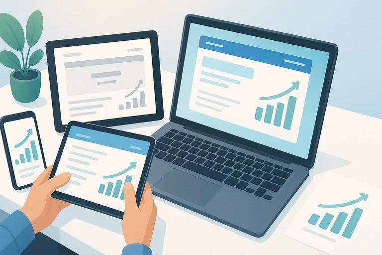 Business owner analyzing website performance metrics on multiple screens