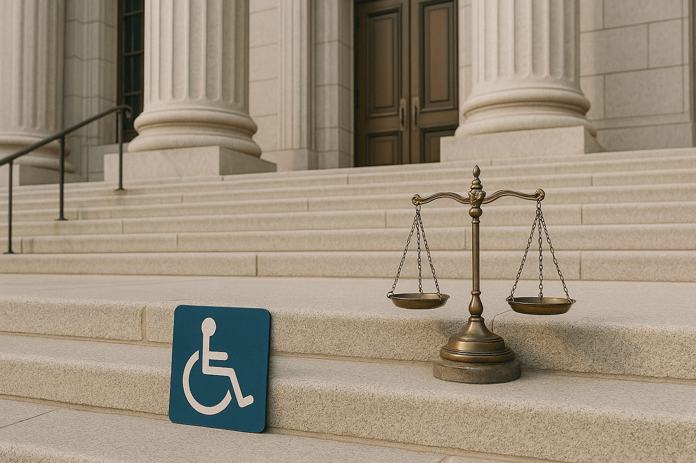 Legal scales and courthouse representing ADA compliance legal requirements for websites