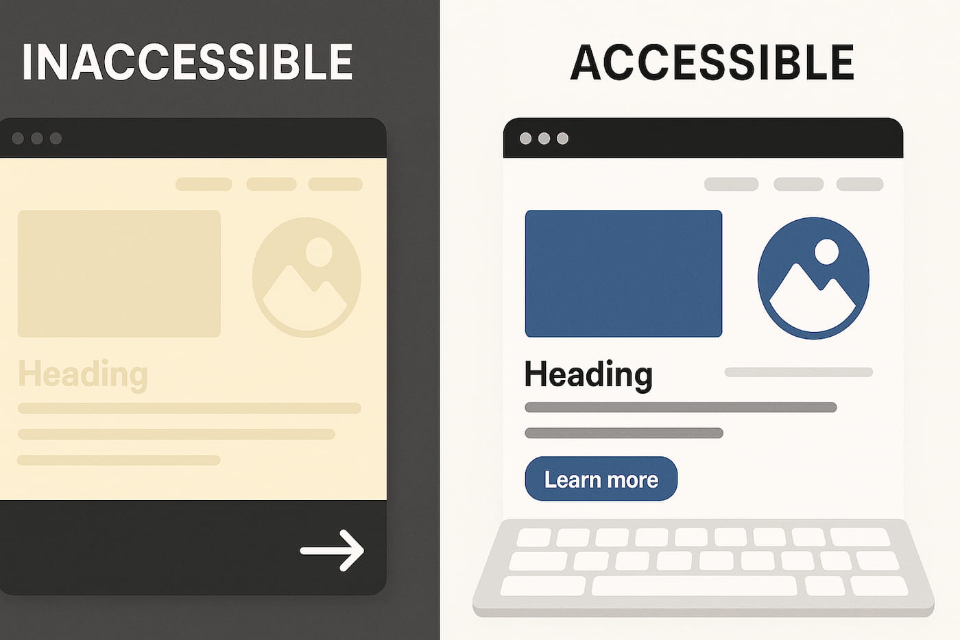 Comparison showing accessible website features including proper color contrast and keyboard navigation