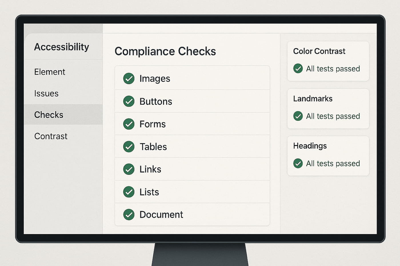 Computer screen displaying accessibility testing tools showing various compliance checks