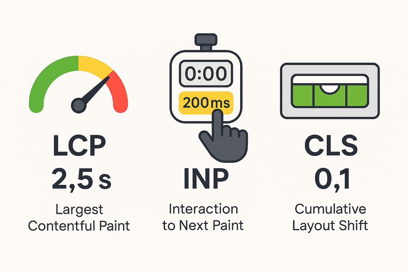 Core Web Vitals metrics explained with visual gauges showing LCP, INP, and CLS thresholds and scoring
