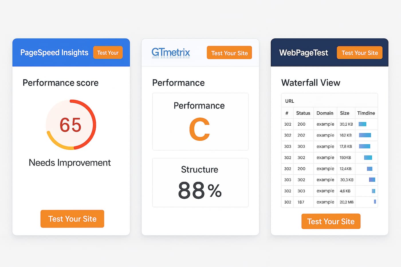 Website performance testing tools interface showing PageSpeed Insights, GTmetrix, and WebPageTest with sample results