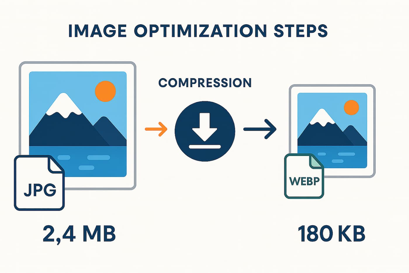 Step-by-Step image optimization process showing file size reduction from 2.4MB to 180KB while maintaining quality