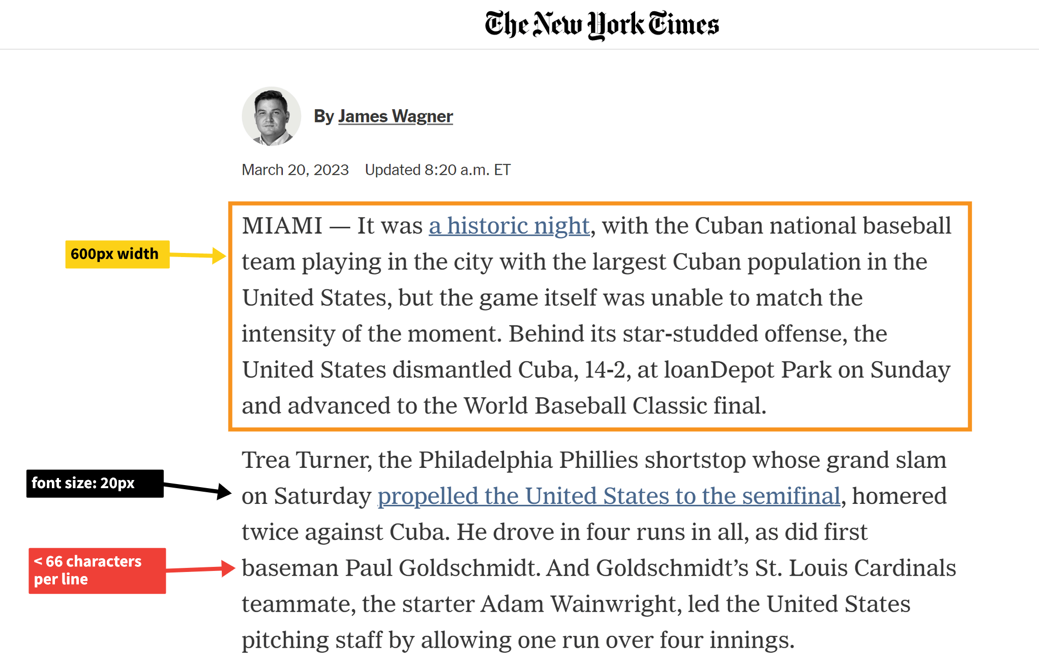 Annotated New York Times article, showing perfect width, font size, and characters per line.