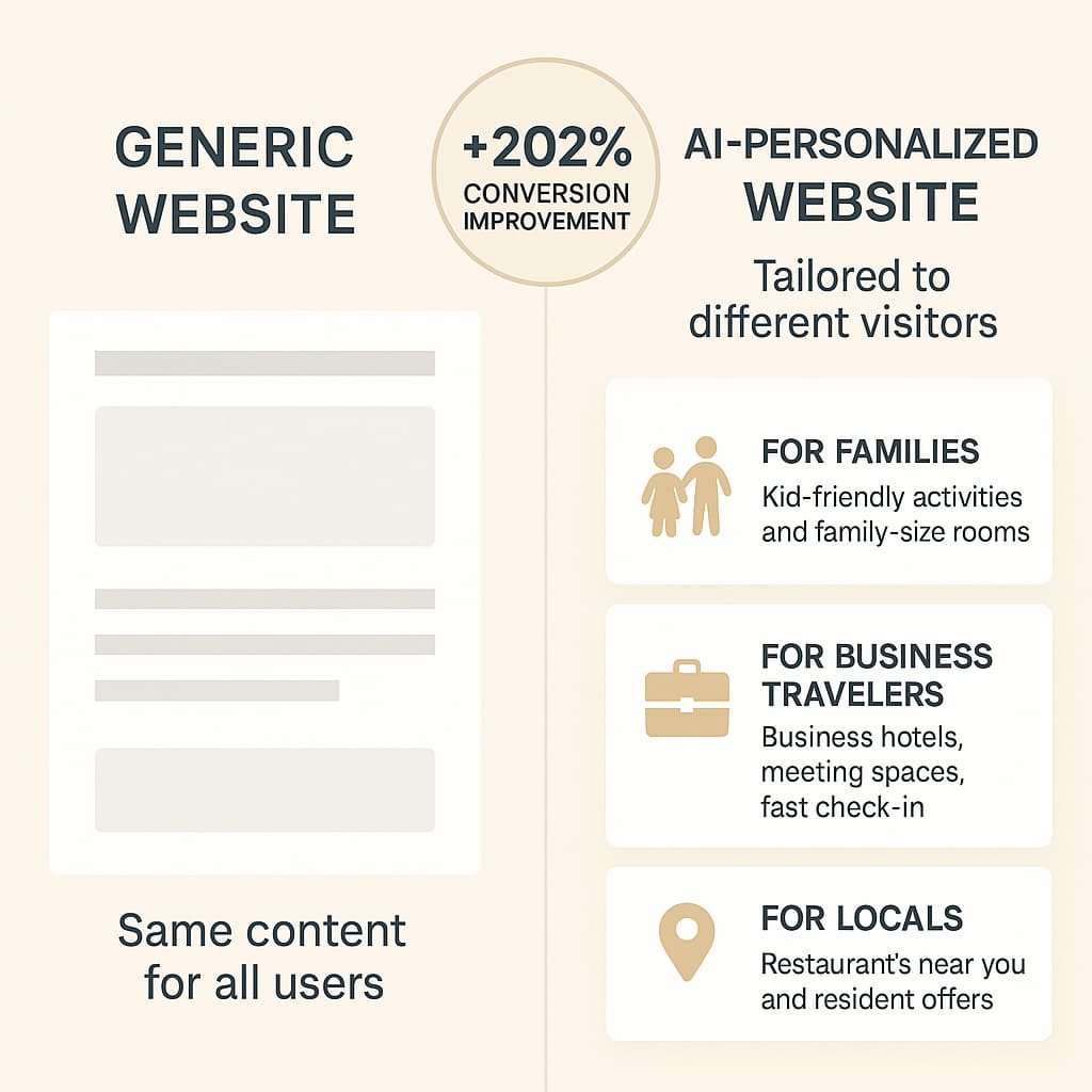 AI-powered website personalization showing generic site versus three personalized versions tailored to different user types with 202% conversion improvement indicator