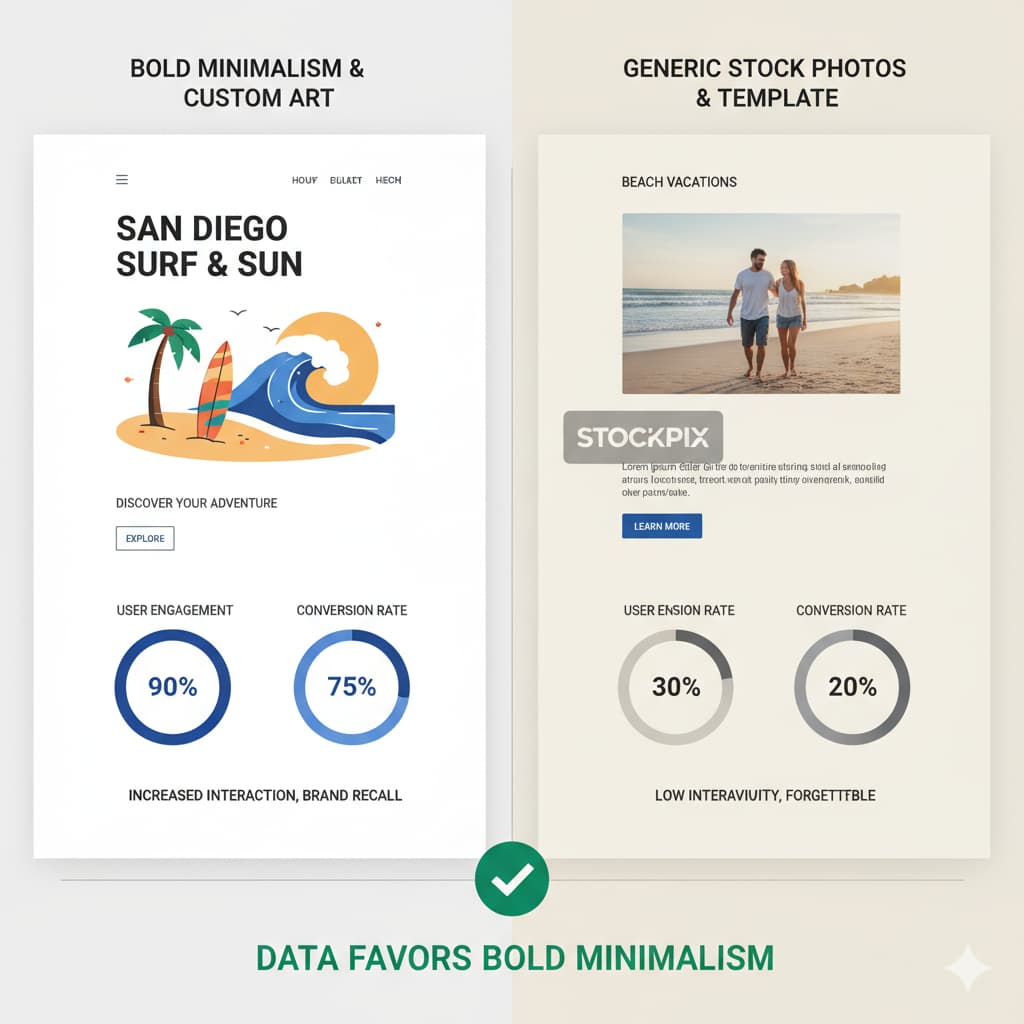 Bold minimalist website design with custom San Diego illustrations and expressive typography compared to generic stock photo template showing improved engagement metrics