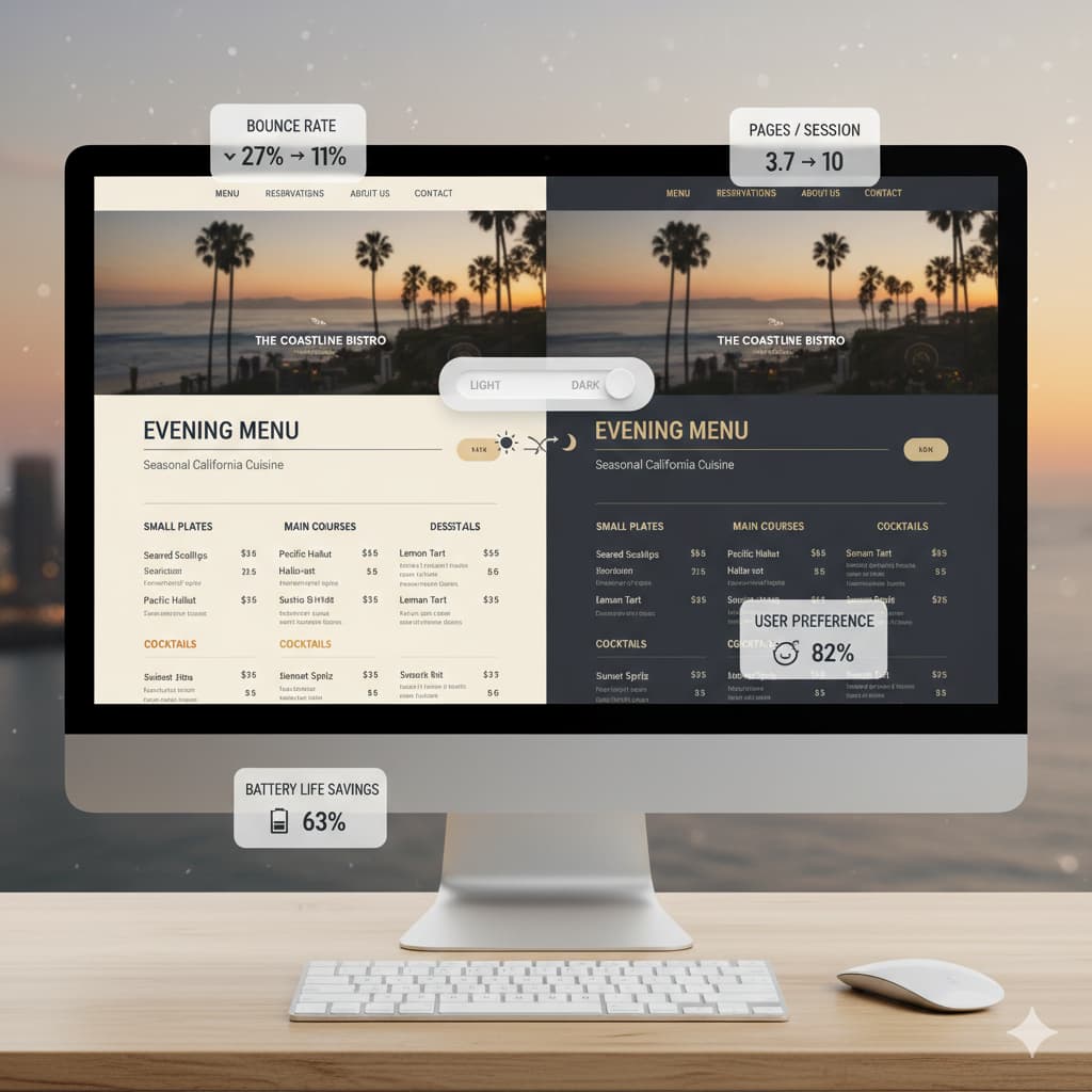 Website displayed in both light and dark mode with toggle switch showing 193% engagement increase, reduced bounce rate from 27% to 11%, and battery life savings