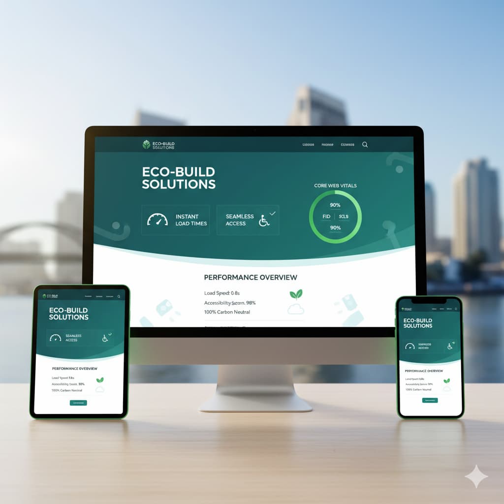 Modern responsive website interface on multiple devices showing performance metrics, accessibility features, and sustainable design elements with San Diego skyline and Coronado Bridge in background