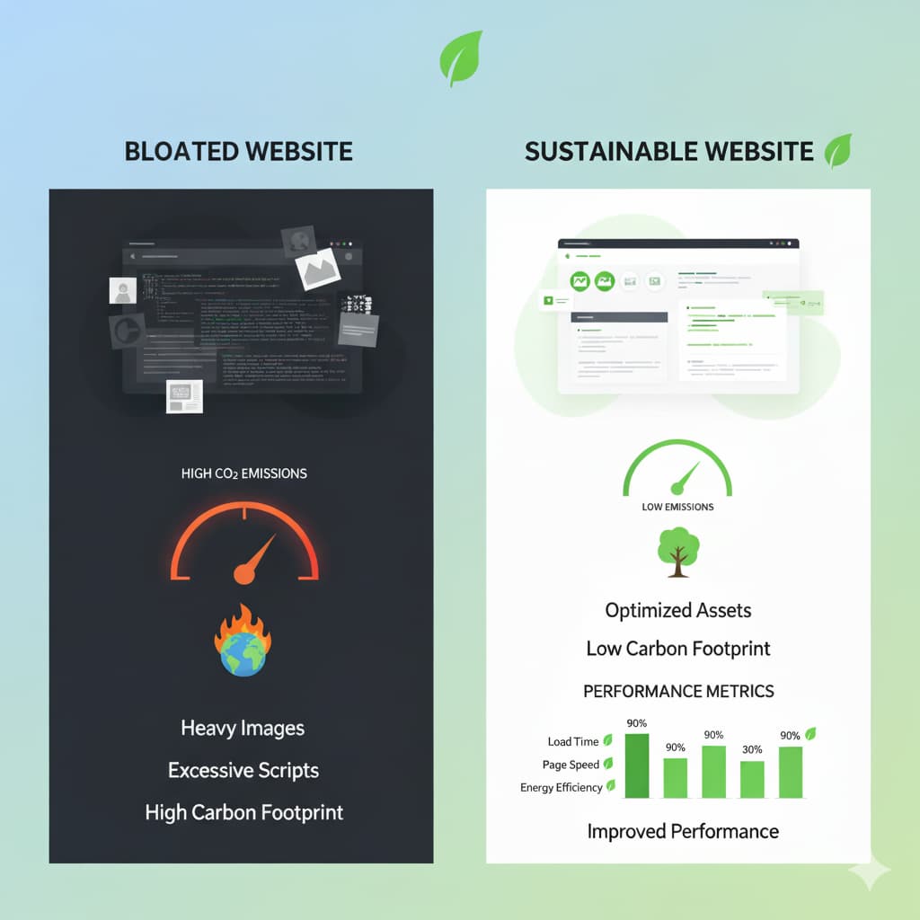 Sustainable web design comparison showing bloated website with high carbon emissions versus optimized eco-friendly website with improved performance metrics and reduced environmental impact