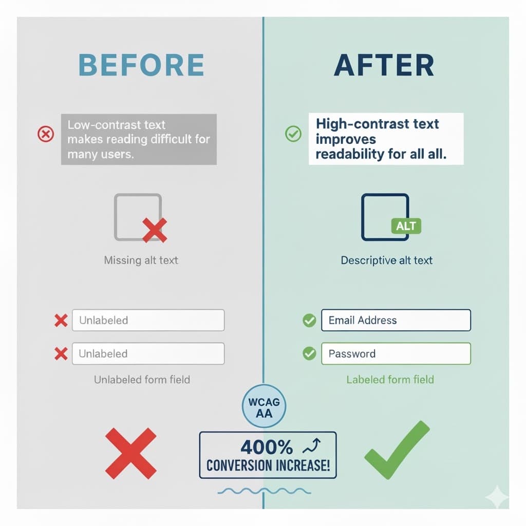 Website accessibility comparison showing non-compliant site with contrast and labeling issues versus WCAG AA compliant site with proper accessibility features and 400% conversion improvement
