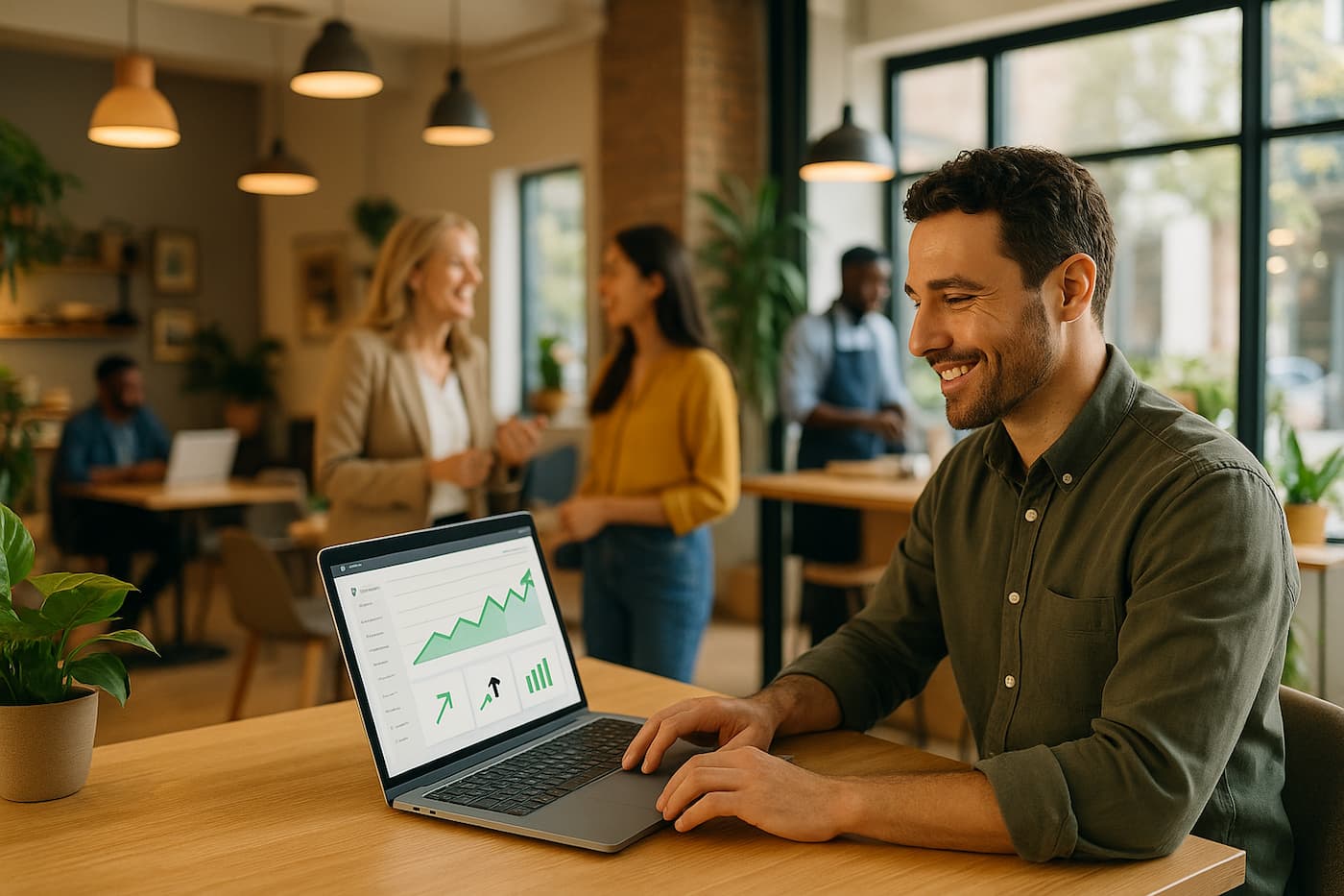 Successful small business owner with professional website showing business growth and ROI