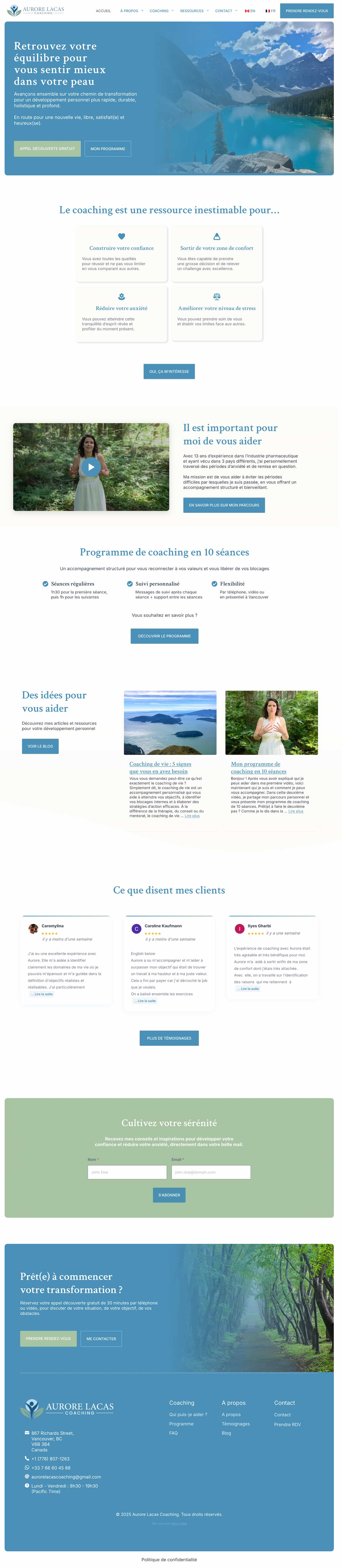 Aurore Lacas Coaching website homepage featuring calming blue design, personal photo by lake, and 10-week coaching program overview