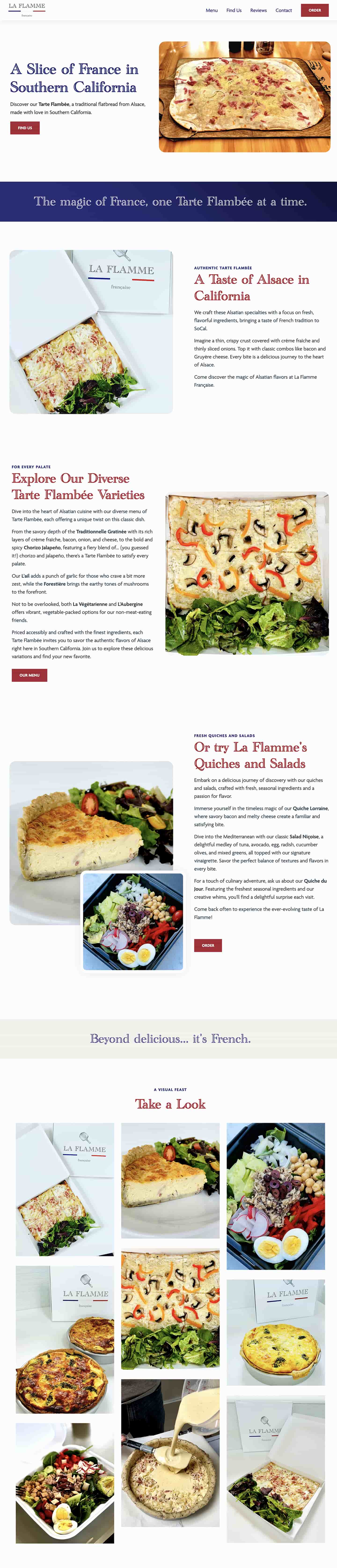French dining restaurant La Flamme Française's new website homepage, showing hero section and menu