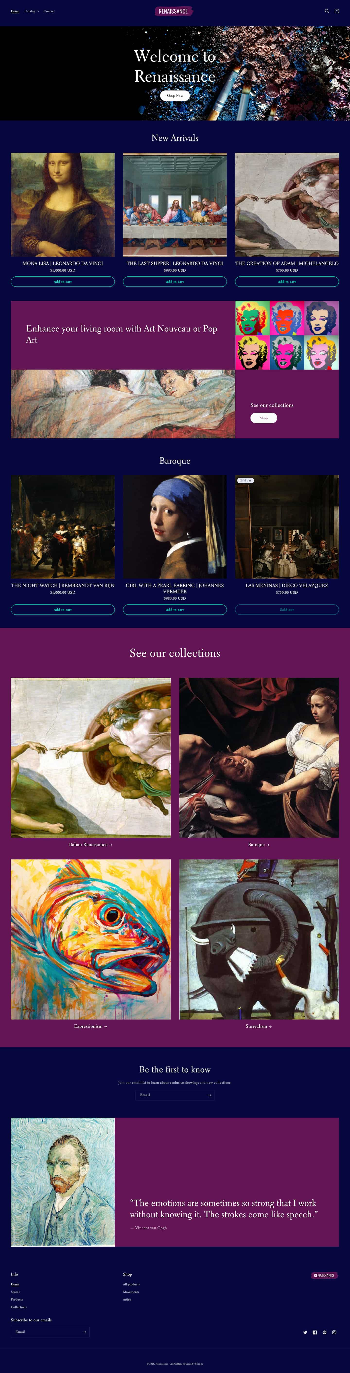 Fictive Shopify storefront for Renaissance Art Gallery, showing homepage with artwork