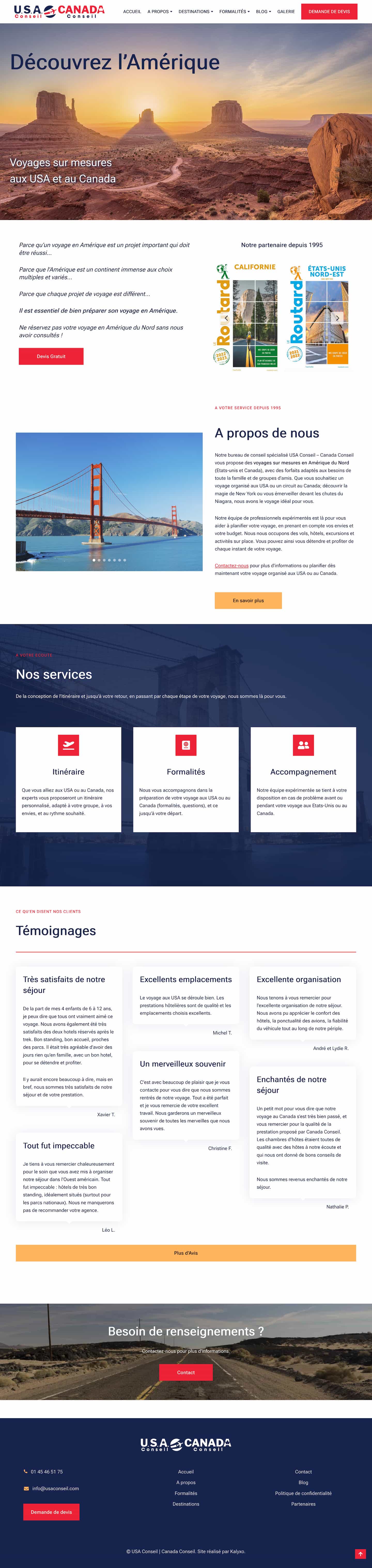 French travel consultants USA Conseil's new website homepage, showing hero section and services